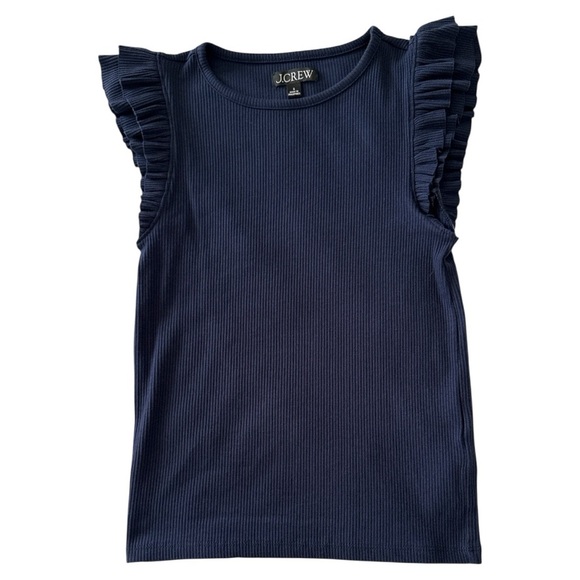 J. Crew Vintage Navy Ribbed Ruffle Sleeve Shirt Size Small - Picture 2 of 8